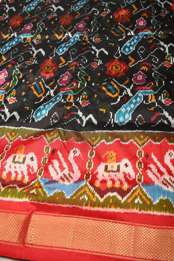 Black Pochampally Ikkat Pure Silk Saree with Peacock Brocade and Vanasingaram Contrast Panel Design on Kaddi Zari Border  | SILK MARK CERTIFIED | SHOBITAM