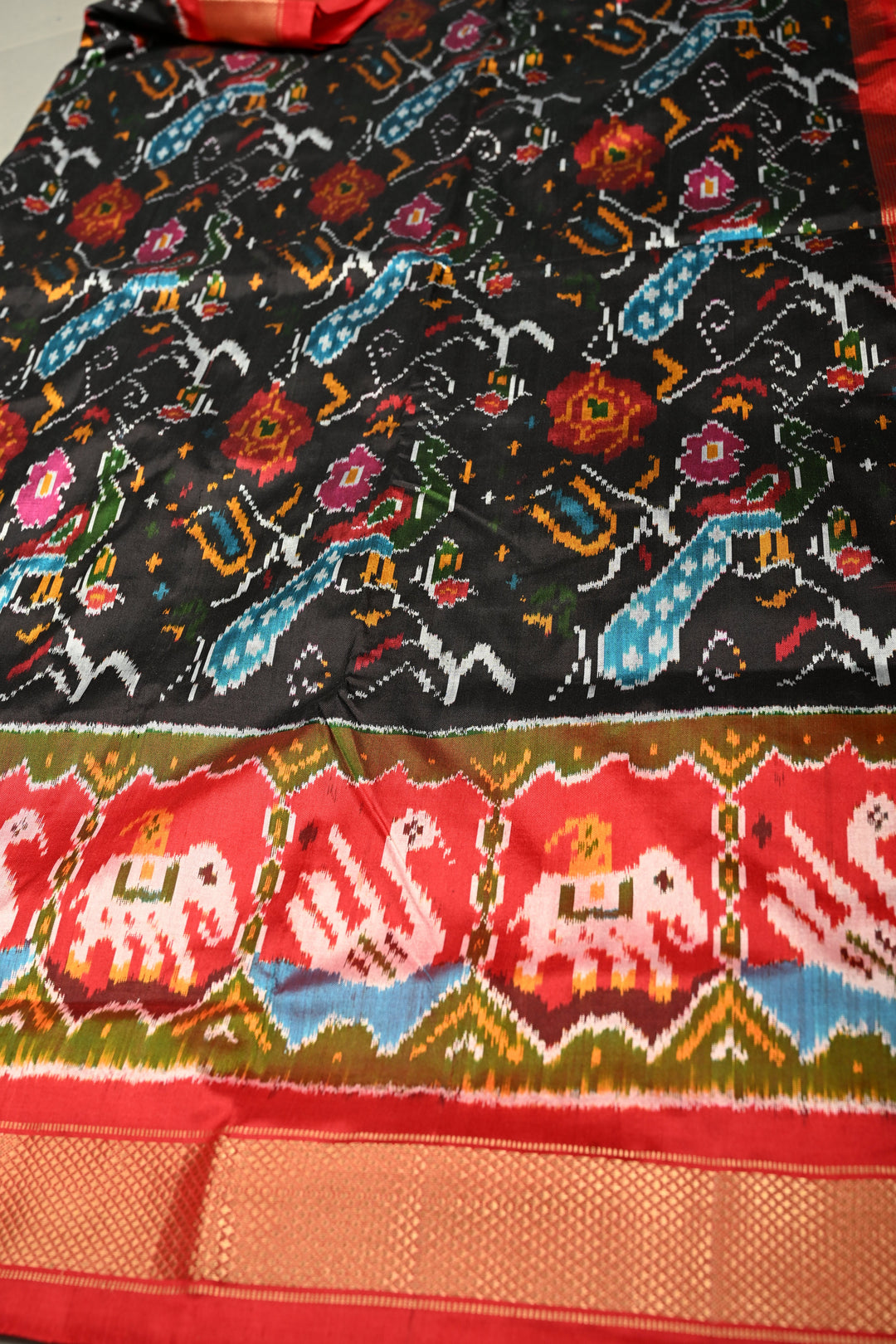 Black Pochampally Ikkat Pure Silk Saree with Peacock Brocade and Vanasingaram Contrast Panel Design on Kaddi Zari Border  | SILK MARK CERTIFIED | SHOBITAM