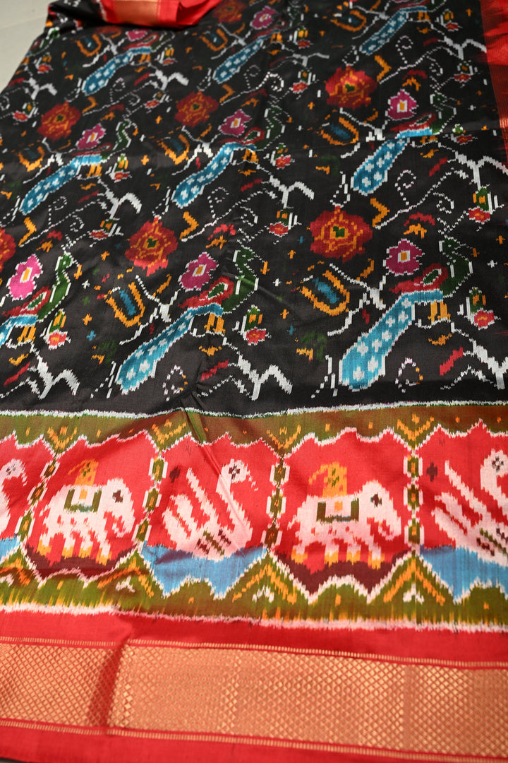 Black Pochampally Ikkat Pure Silk Saree with Peacock Brocade and Vanasingaram Contrast Panel Design on Kaddi Zari Border  | SILK MARK CERTIFIED | SHOBITAM