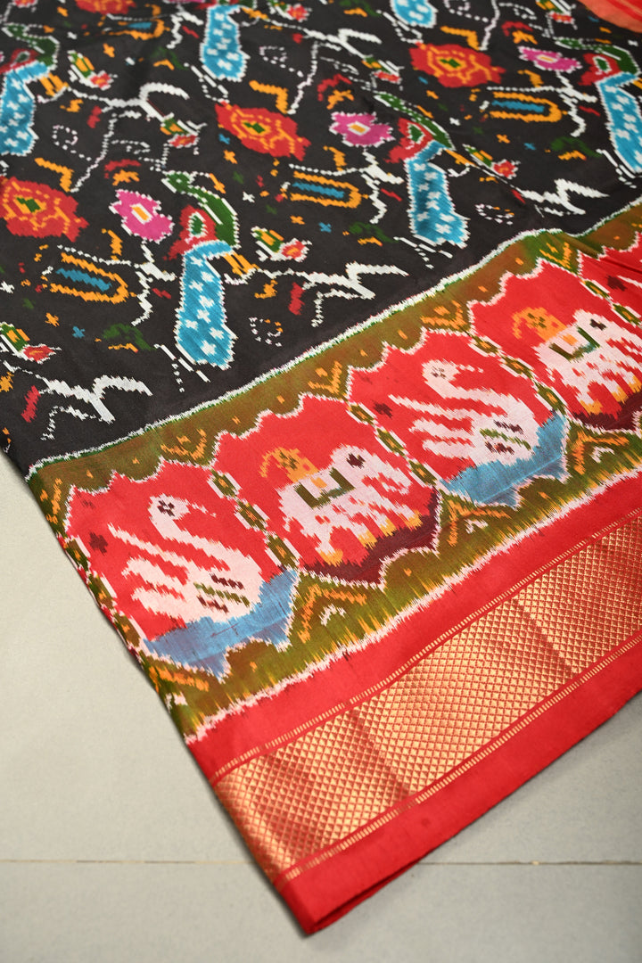 Black Pochampally Ikkat Pure Silk Saree with Peacock Brocade and Vanasingaram Contrast Panel Design on Kaddi Zari Border  | SILK MARK CERTIFIED | SHOBITAM