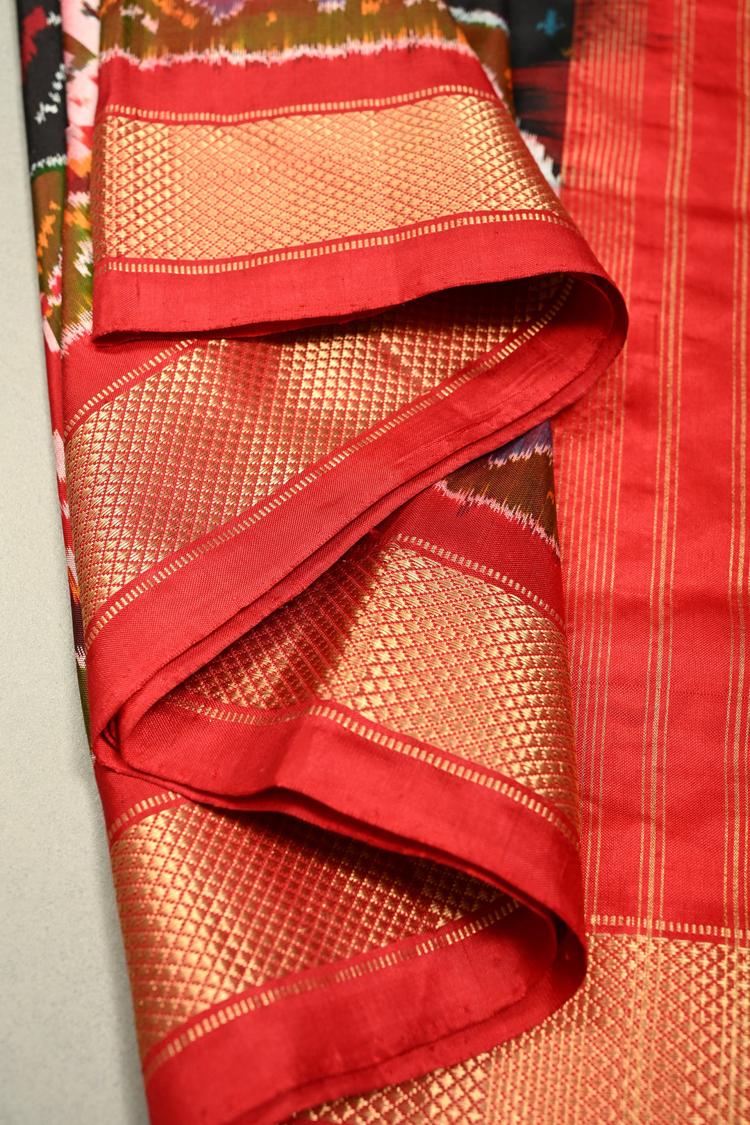 Black Pochampally Ikkat Pure Silk Saree with Peacock Brocade and Vanasingaram Contrast Panel Design on Kaddi Zari Border  | SILK MARK CERTIFIED | SHOBITAM