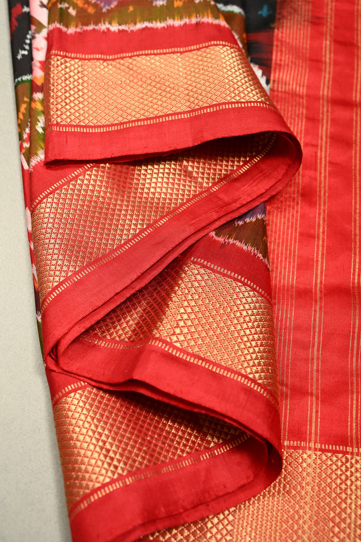 Black Pochampally Ikkat Pure Silk Saree with Peacock Brocade and Vanasingaram Contrast Panel Design on Kaddi Zari Border  | SILK MARK CERTIFIED | SHOBITAM