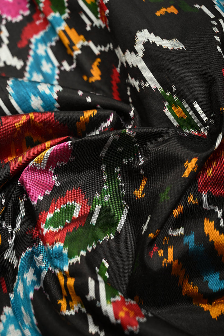 Black Pochampally Ikkat Pure Silk Saree with Peacock Brocade and Vanasingaram Contrast Panel Design on Kaddi Zari Border  | SILK MARK CERTIFIED | SHOBITAM