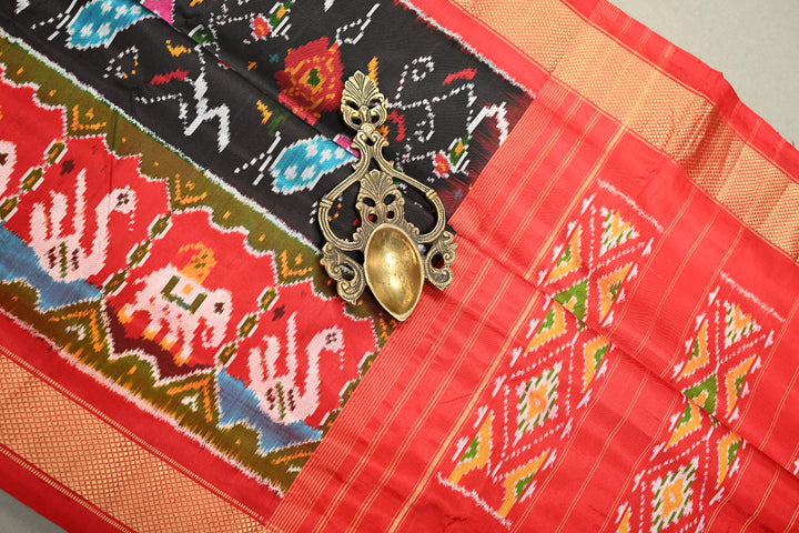 Black Pochampally Ikkat Pure Silk Saree with Peacock Brocade and Vanasingaram Contrast Panel Design on Kaddi Zari Border  | SILK MARK CERTIFIED | SHOBITAM