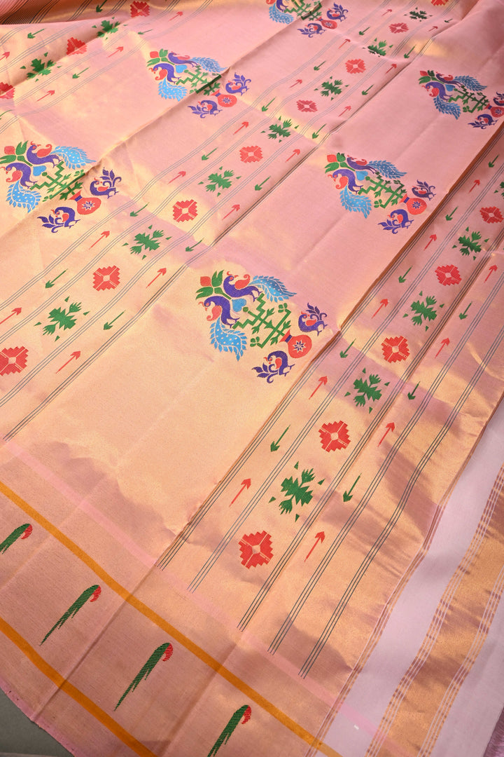 Authentic Pink Yeola Paithani Handloom Silk Saree with Single Muniya Borders and Peacock Motifs on Pallu | SILK MARK CERTIFIED | SHOBITAM