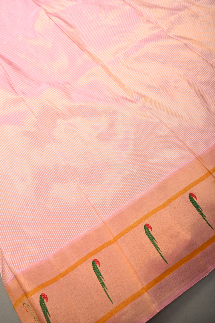 Authentic Pink Yeola Paithani Handloom Silk Saree with Single Muniya Borders and Peacock Motifs on Pallu | SILK MARK CERTIFIED | SHOBITAM