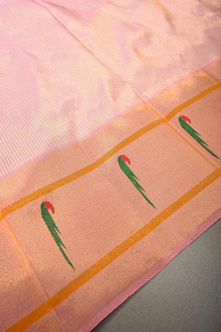Authentic Pink Yeola Paithani Handloom Silk Saree with Single Muniya Borders and Peacock Motifs on Pallu | SILK MARK CERTIFIED | SHOBITAM