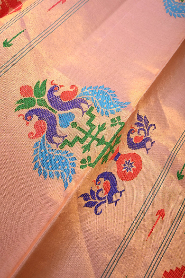 Authentic Pink Yeola Paithani Handloom Silk Saree with Single Muniya Borders and Peacock Motifs on Pallu | SILK MARK CERTIFIED | SHOBITAM