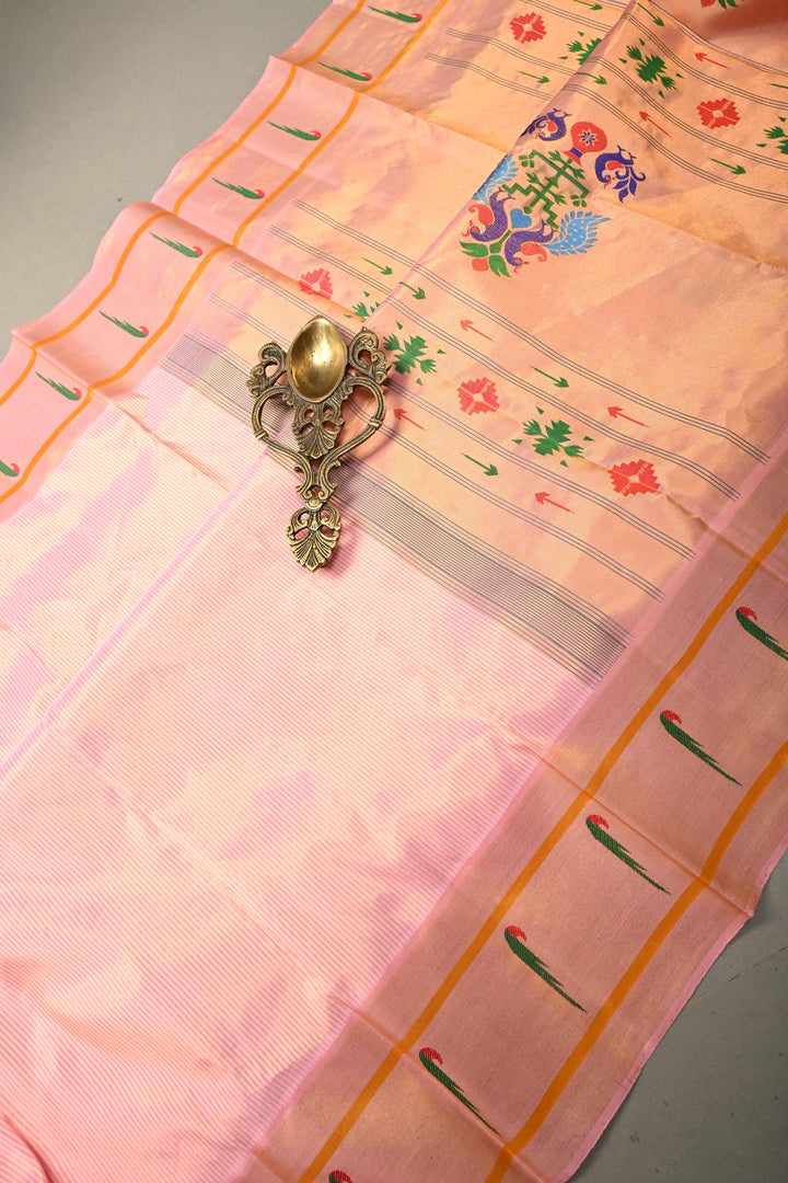 Authentic Pink Yeola Paithani Handloom Silk Saree with Single Muniya Borders and Peacock Motifs on Pallu | SILK MARK CERTIFIED | SHOBITAM