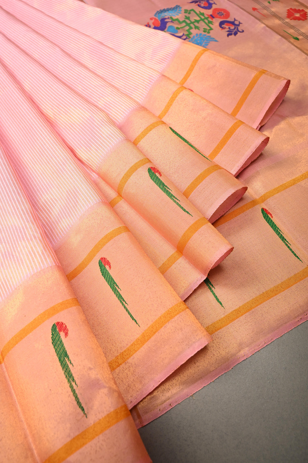 Authentic Pink Yeola Paithani Handloom Silk Saree with Single Muniya Borders and Peacock Motifs on Pallu | SILK MARK CERTIFIED | SHOBITAM