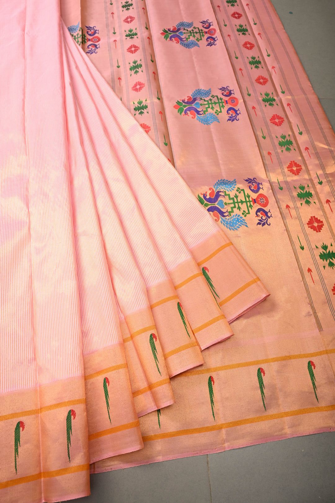 Authentic Pink Yeola Paithani Handloom Silk Saree with Single Muniya Borders and Peacock Motifs on Pallu | SILK MARK CERTIFIED | SHOBITAM