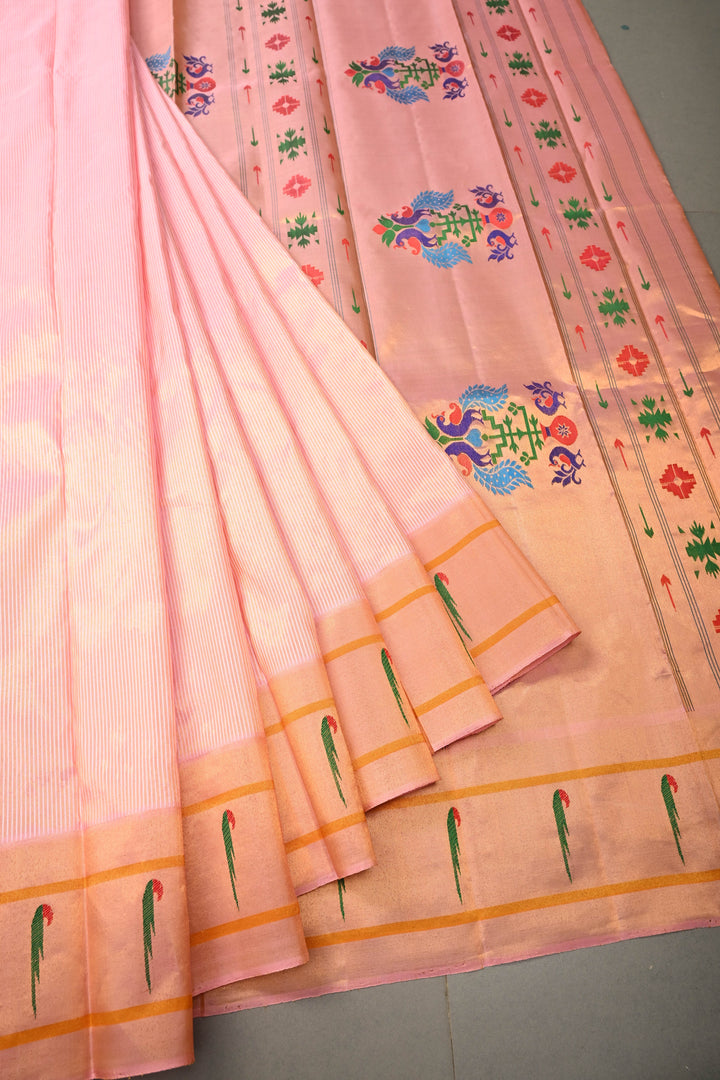Authentic Pink Yeola Paithani Handloom Silk Saree with Single Muniya Borders and Peacock Motifs on Pallu | SILK MARK CERTIFIED | SHOBITAM