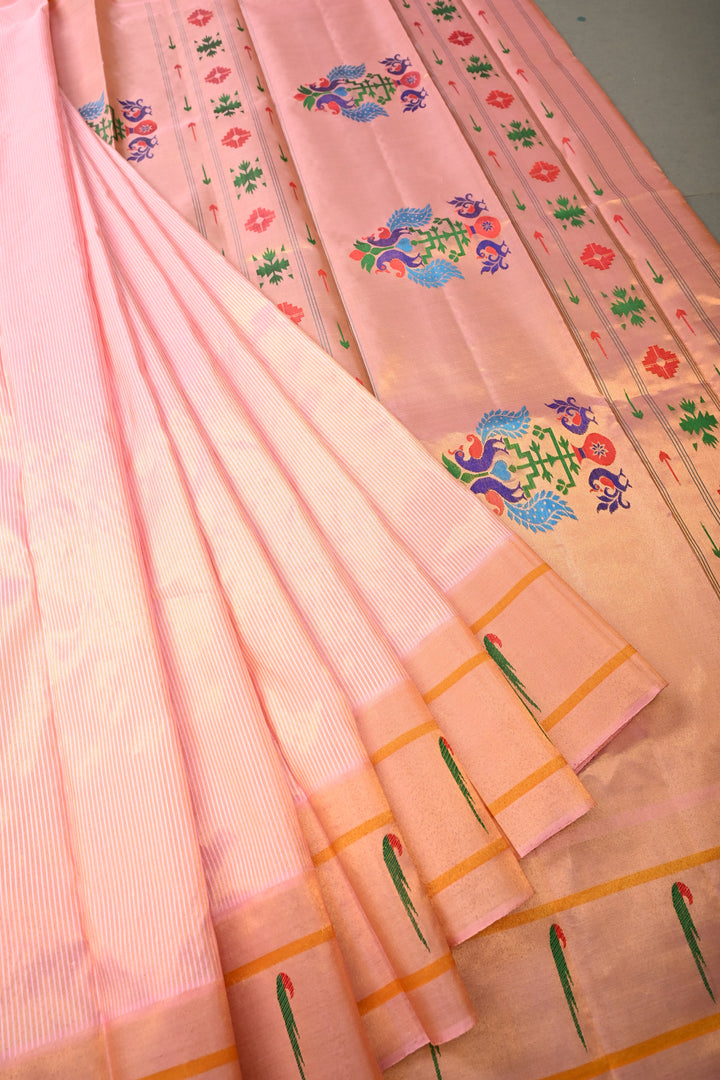 Authentic Pink Yeola Paithani Handloom Silk Saree with Single Muniya Borders and Peacock Motifs on Pallu | SILK MARK CERTIFIED | SHOBITAM