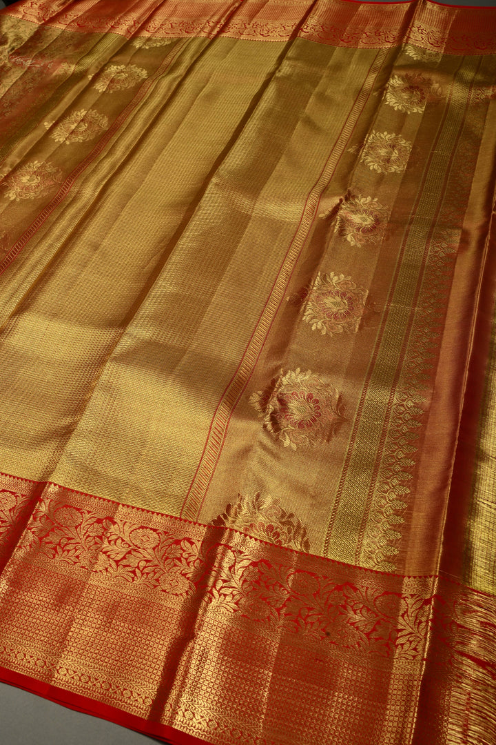 Orange-Gold Tissue Kanjivaram Pure Silk Saree with Meenakari Floral Brocade Jaal and Zari Border | SILK MARK CERTIFIED | SHOBITAM