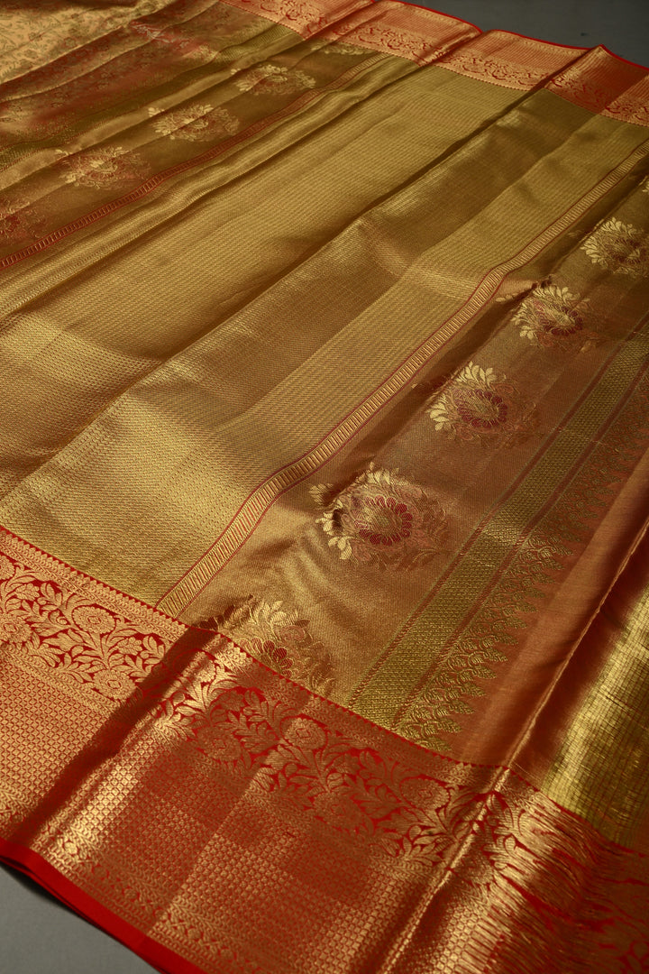 Orange-Gold Tissue Kanjivaram Pure Silk Saree with Meenakari Floral Brocade Jaal and Zari Border | SILK MARK CERTIFIED | SHOBITAM