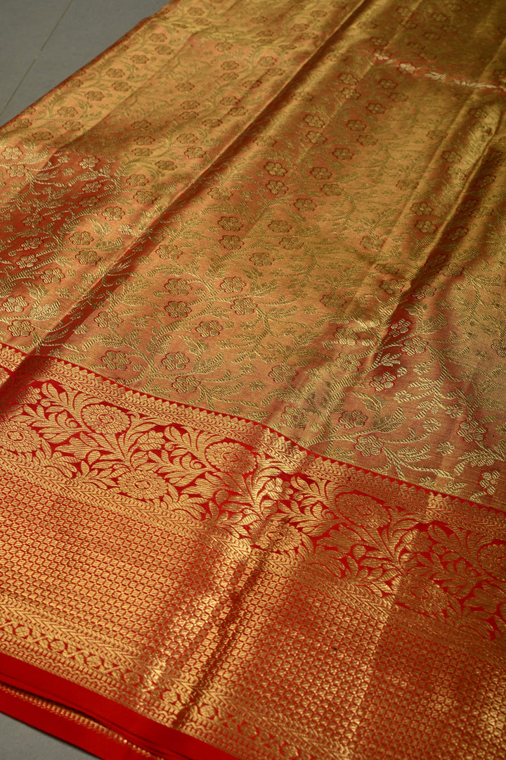 Orange-Gold Tissue Kanjivaram Pure Silk Saree with Meenakari Floral Brocade Jaal and Zari Border | SILK MARK CERTIFIED | SHOBITAM