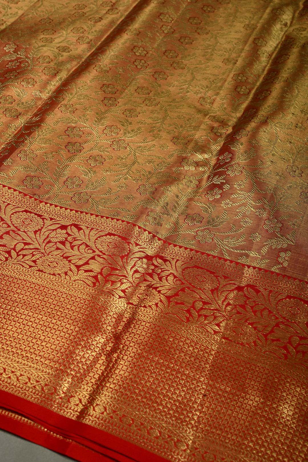 Orange-Gold Tissue Kanjivaram Pure Silk Saree with Meenakari Floral Brocade Jaal and Zari Border | SILK MARK CERTIFIED | SHOBITAM