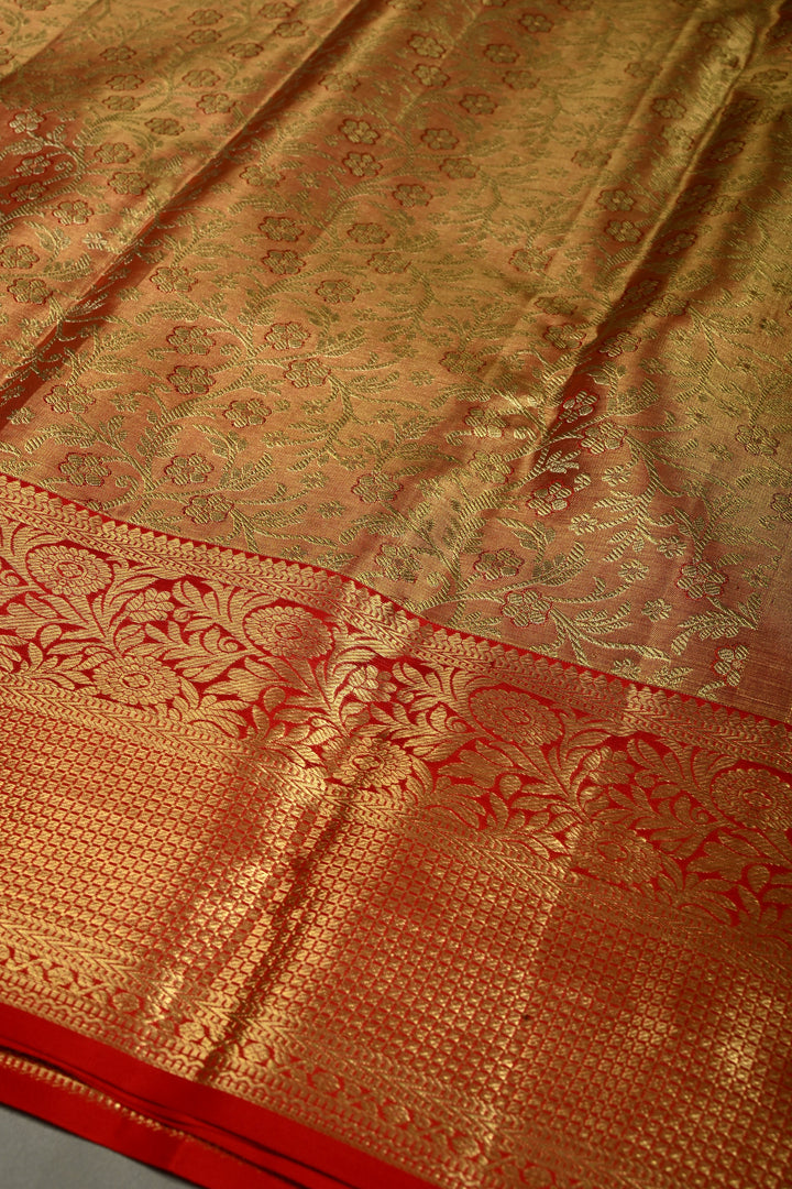 Orange-Gold Tissue Kanjivaram Pure Silk Saree with Meenakari Floral Brocade Jaal and Zari Border | SILK MARK CERTIFIED | SHOBITAM