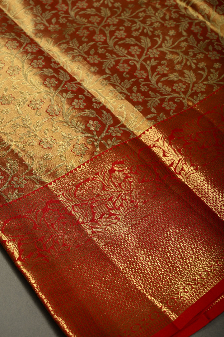 Orange-Gold Tissue Kanjivaram Pure Silk Saree with Meenakari Floral Brocade Jaal and Zari Border | SILK MARK CERTIFIED | SHOBITAM