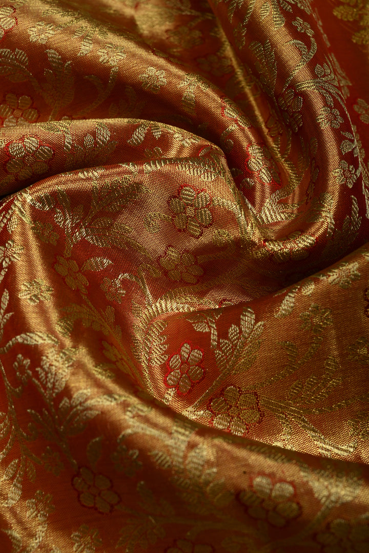 Orange-Gold Tissue Kanjivaram Pure Silk Saree with Meenakari Floral Brocade Jaal and Zari Border | SILK MARK CERTIFIED | SHOBITAM