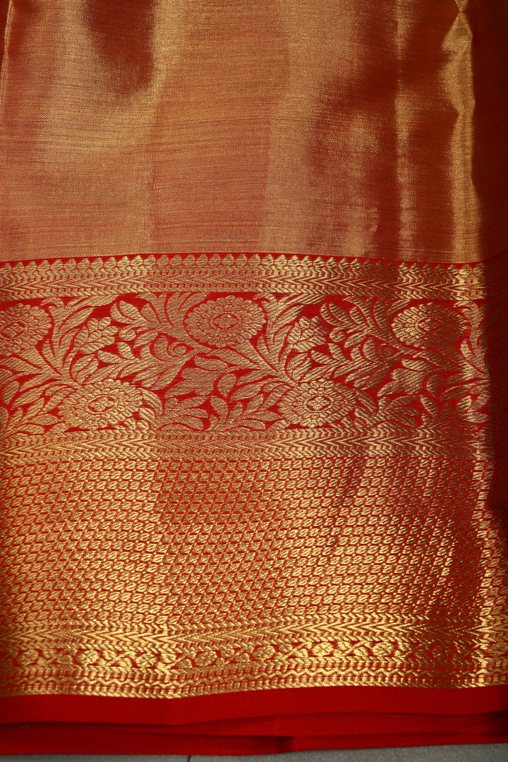 Orange-Gold Tissue Kanjivaram Pure Silk Saree with Meenakari Floral Brocade Jaal and Zari Border | SILK MARK CERTIFIED | SHOBITAM