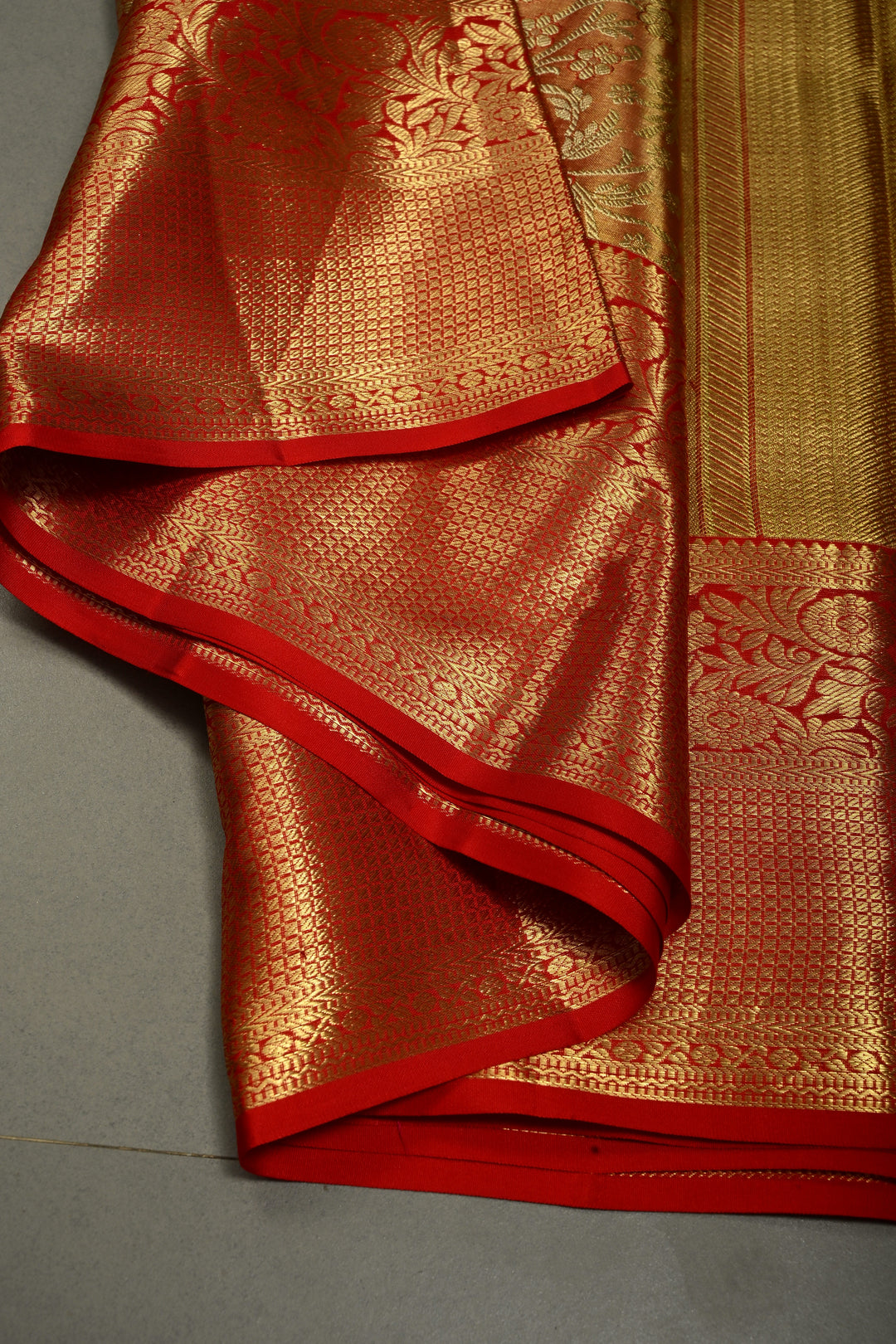 Orange-Gold Tissue Kanjivaram Pure Silk Saree with Meenakari Floral Brocade Jaal and Zari Border | SILK MARK CERTIFIED | SHOBITAM