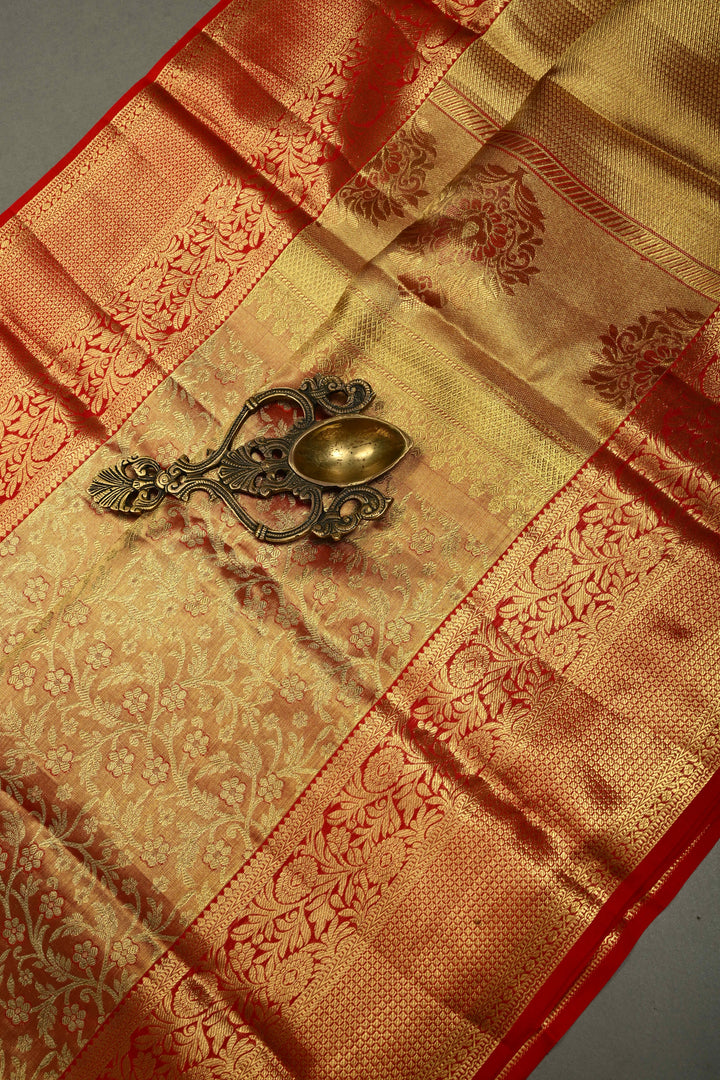 Orange-Gold Tissue Kanjivaram Pure Silk Saree with Meenakari Floral Brocade Jaal and Zari Border | SILK MARK CERTIFIED | SHOBITAM