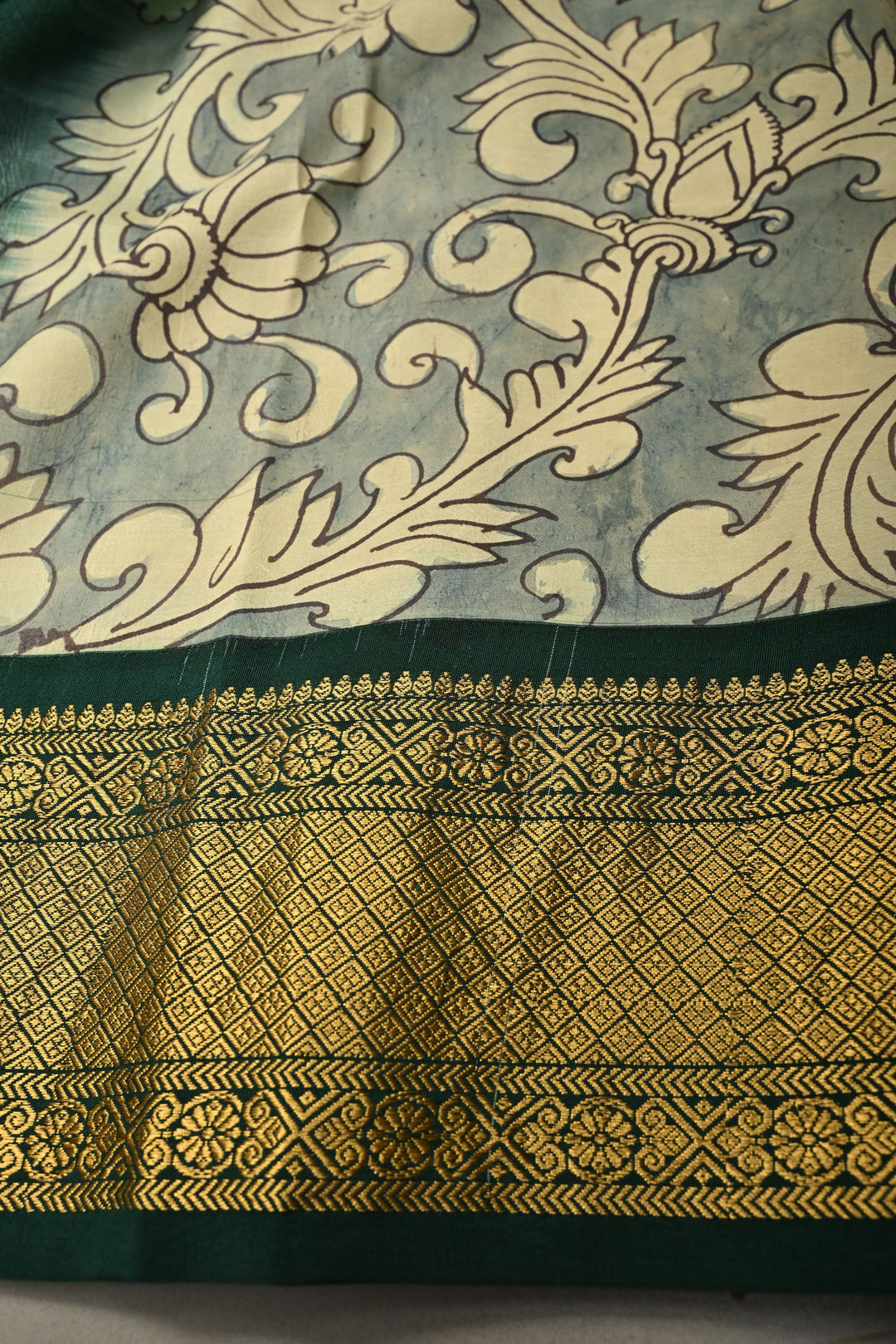 Peacock-Floral Theme : Light Sage Green Authentic Pen Kalamkari Handpainted on Pure Kanjivaram Silk Saree with Contrast Zari Border | SILK MARK CERTIFIED | SHOBITAM