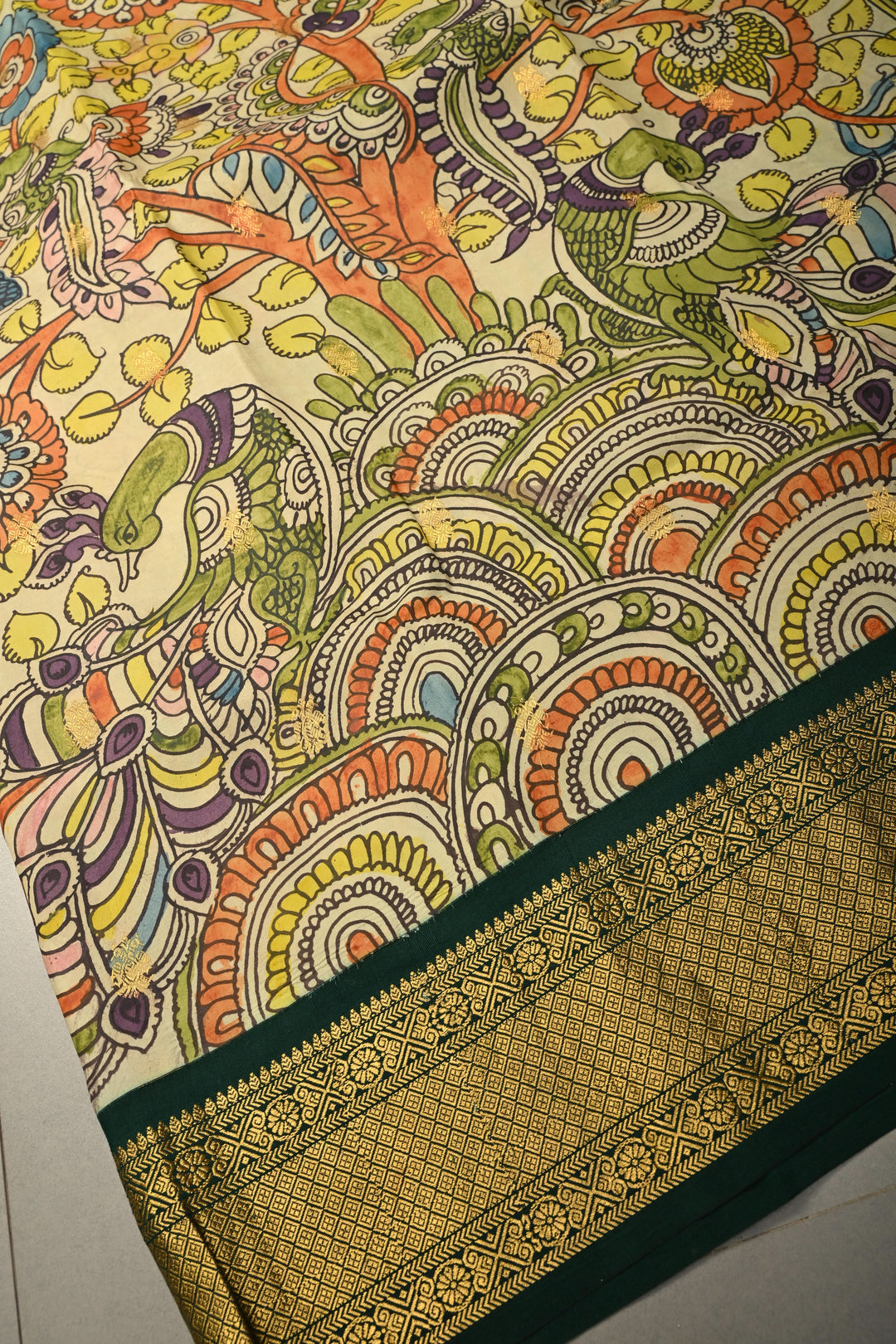 Peacock-Floral Theme : Light Sage Green Authentic Pen Kalamkari Handpainted on Pure Kanjivaram Silk Saree with Contrast Zari Border | SILK MARK CERTIFIED | SHOBITAM