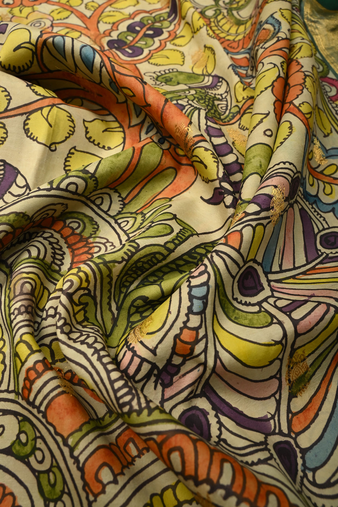 Peacock-Floral Theme : Light Sage Green Authentic Pen Kalamkari Handpainted on Pure Kanjivaram Silk Saree with Contrast Zari Border | SILK MARK CERTIFIED | SHOBITAM