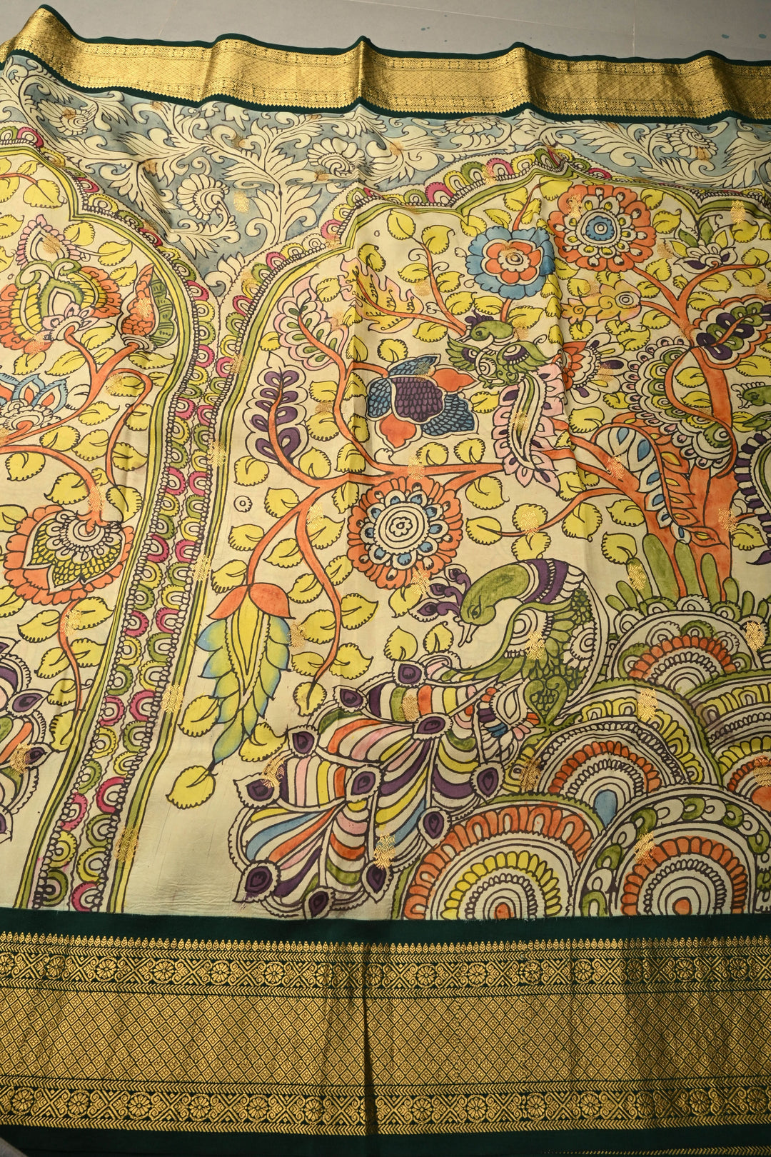 Peacock-Floral Theme : Light Sage Green Authentic Pen Kalamkari Handpainted on Pure Kanjivaram Silk Saree with Contrast Zari Border | SILK MARK CERTIFIED | SHOBITAM