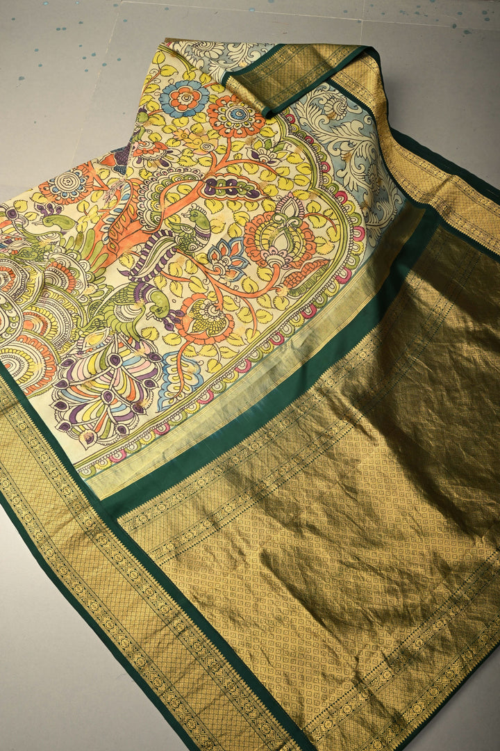 Peacock-Floral Theme : Light Sage Green Authentic Pen Kalamkari Handpainted on Pure Kanjivaram Silk Saree with Contrast Zari Border | SILK MARK CERTIFIED | SHOBITAM