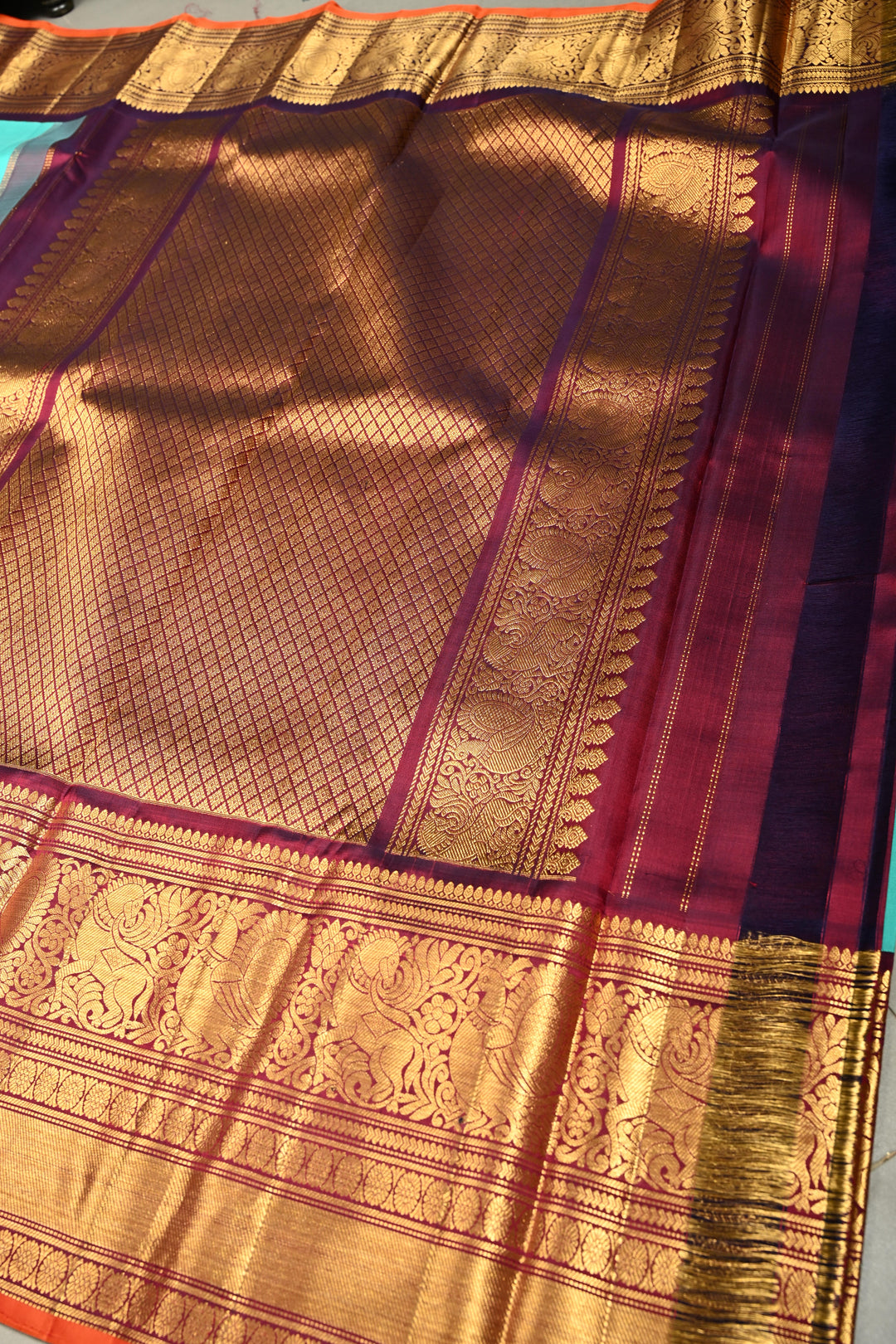 Teal Korvai Gadwal Silk Saree with Gold-Silver Floral Zari Buttas and Two Tone Contrast Wide Zari Border | SILK MARK CERTIFIED | SHOBITAM