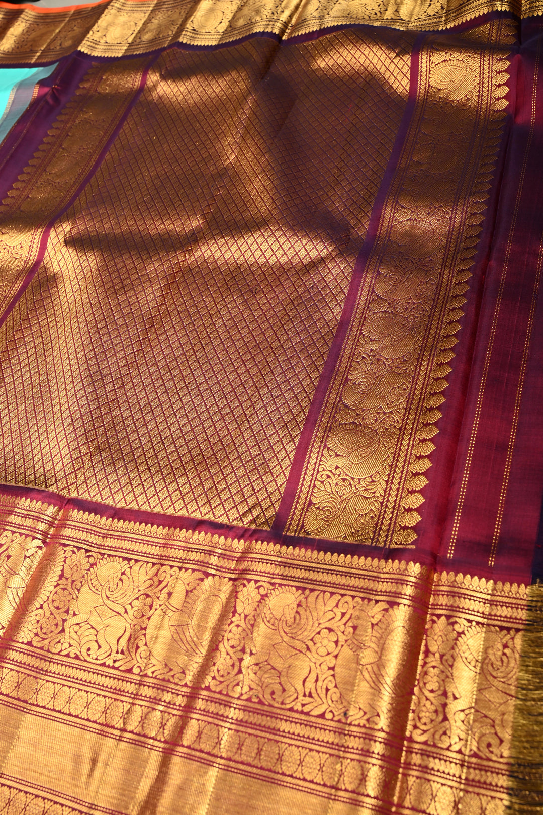 Teal Korvai Gadwal Silk Saree with Gold-Silver Floral Zari Buttas and Two Tone Contrast Wide Zari Border | SILK MARK CERTIFIED | SHOBITAM