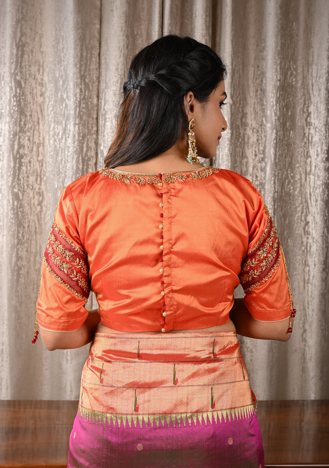 Sunset Orange and Maroon Pure Silk Blouse with Net detailing and Cutdana handwork detailing, Customizable, Made to order