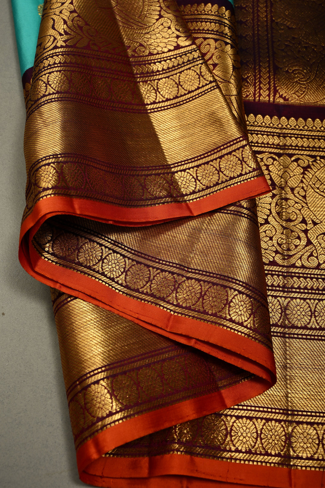Teal Korvai Gadwal Silk Saree with Gold-Silver Floral Zari Buttas and Two Tone Contrast Wide Zari Border | SILK MARK CERTIFIED | SHOBITAM