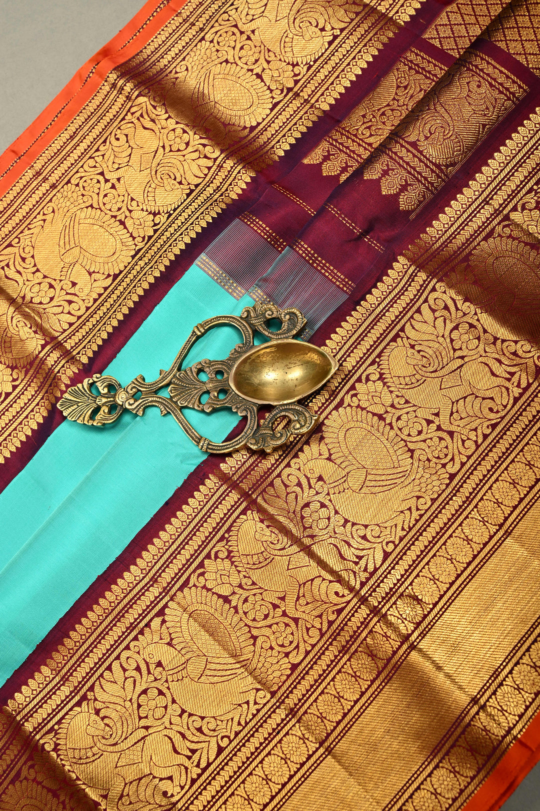 Teal Korvai Gadwal Silk Saree with Gold-Silver Floral Zari Buttas and Two Tone Contrast Wide Zari Border | SILK MARK CERTIFIED | SHOBITAM