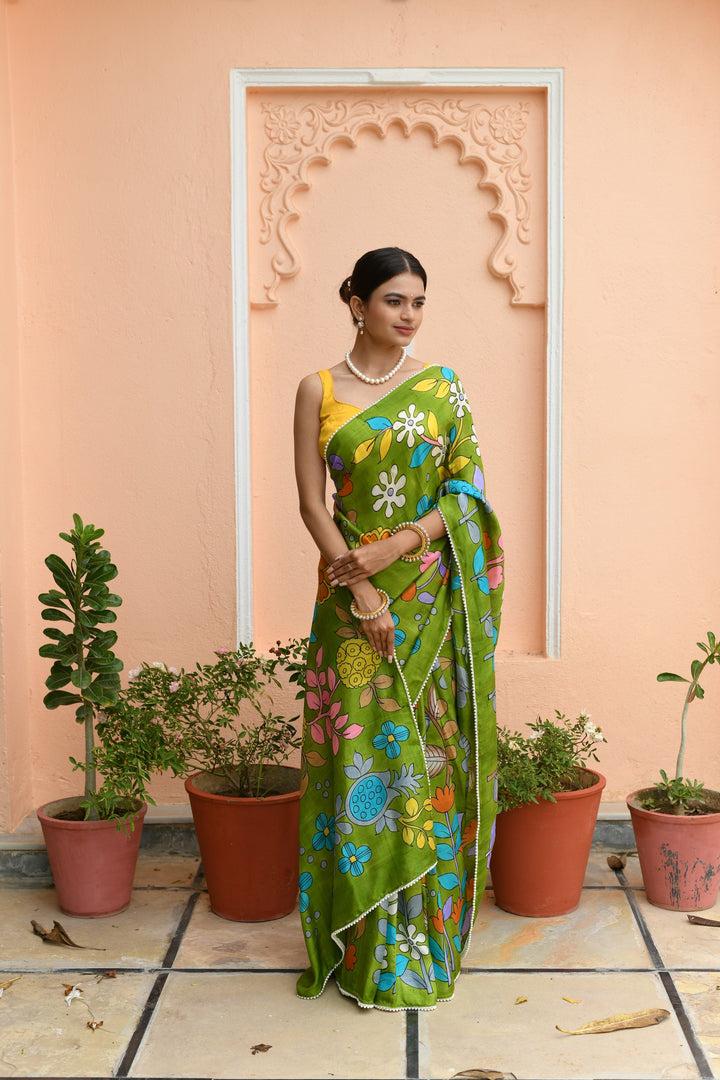 Grass Green Pure Handloom Silk saree with Hand Painted Kalamkari Design and Pearls Border| SILK MARK CERTIFIED | SHOBITAM