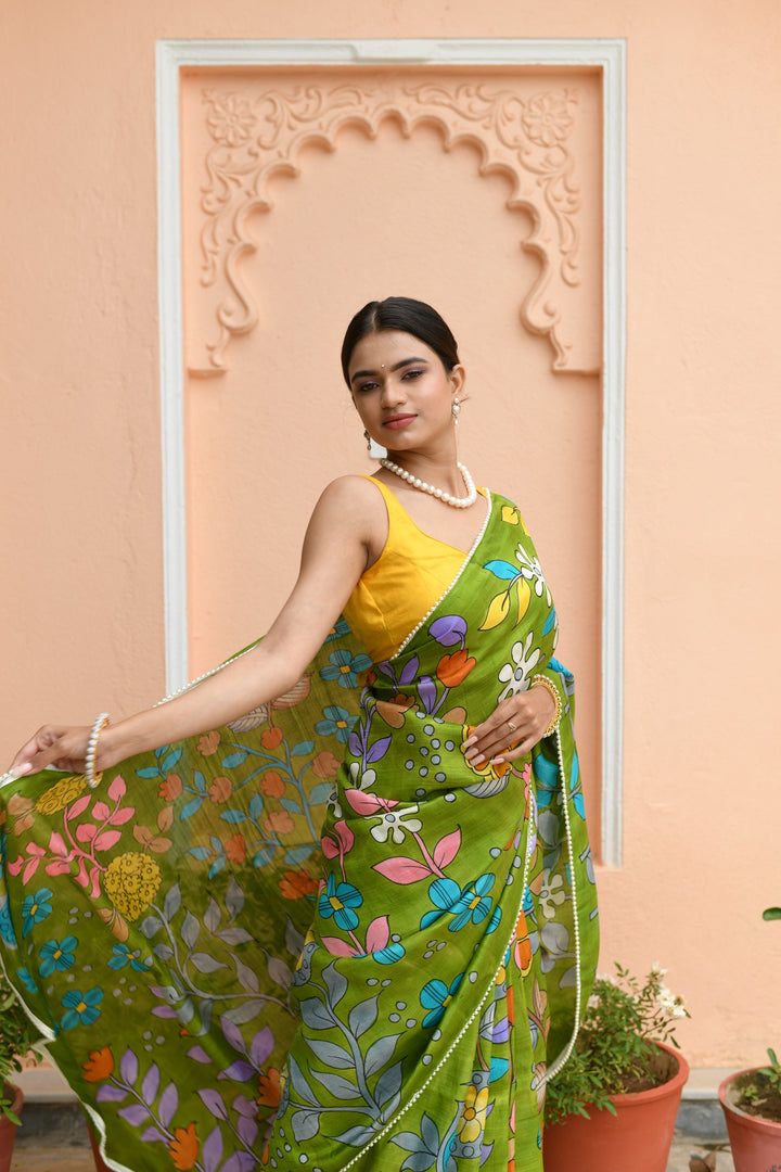 Grass Green Pure Handloom Silk saree with Hand Painted Kalamkari Design and Pearls Border| SILK MARK CERTIFIED | SHOBITAM