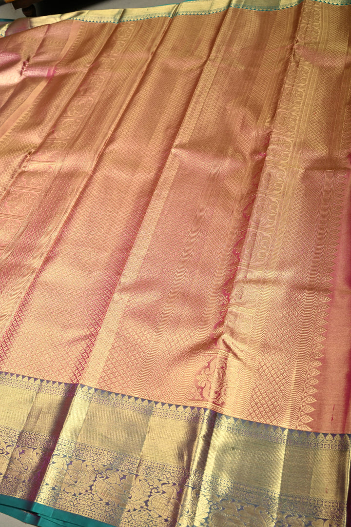 Pink-Gold Tissue Kanjivaram Soft Silk Saree with Zari Ornated Stripes Brocade and Contrast Zari Border | SILK MARK CERTIFIED | SHOBITAM
