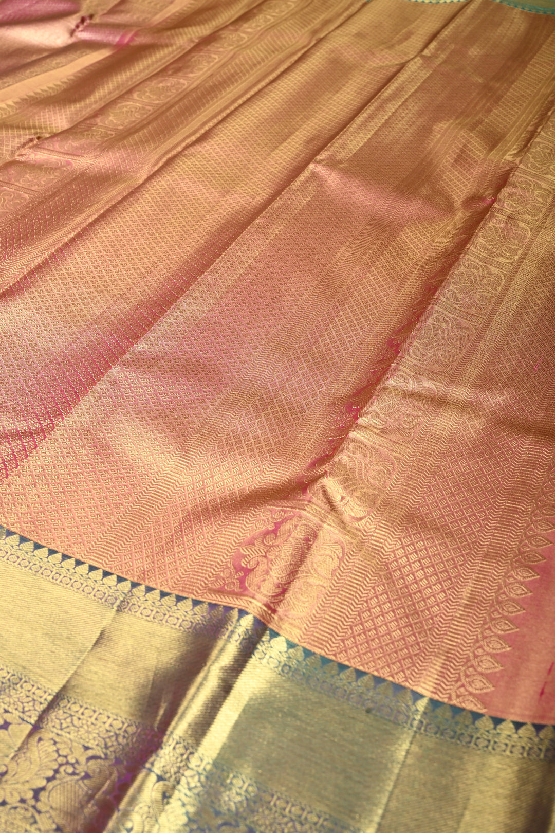 Pink-Gold Tissue Kanjivaram Soft Silk Saree with Zari Ornated Stripes Brocade and Contrast Zari Border | SILK MARK CERTIFIED | SHOBITAM