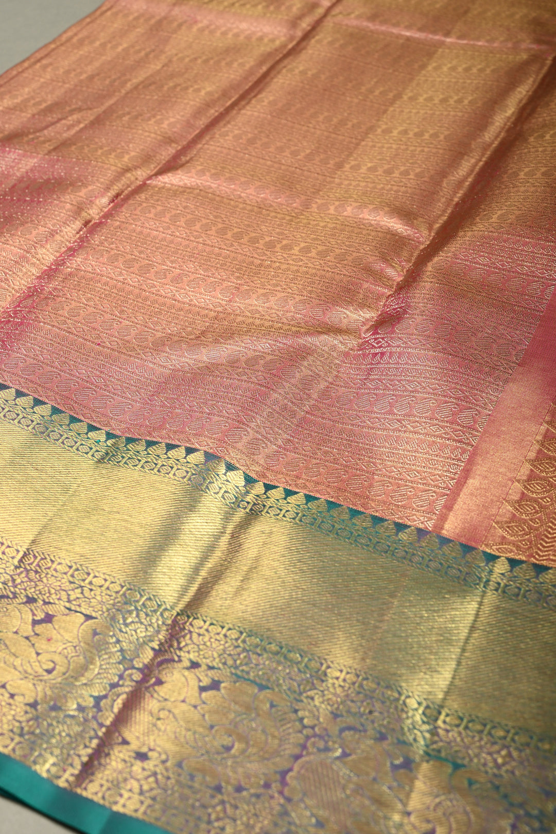 Pink-Gold Tissue Kanjivaram Soft Silk Saree with Zari Ornated Stripes Brocade and Contrast Zari Border | SILK MARK CERTIFIED | SHOBITAM