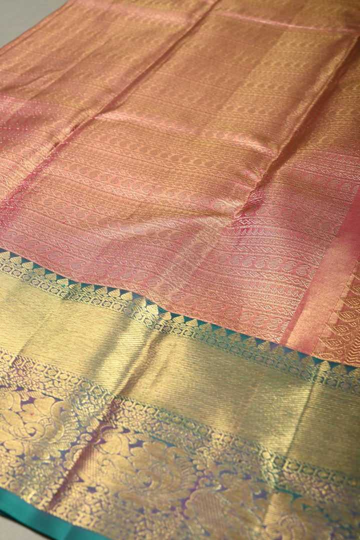Pink-Gold Tissue Kanjivaram Soft Silk Saree with Zari Ornated Stripes Brocade and Contrast Zari Border | SILK MARK CERTIFIED | SHOBITAM