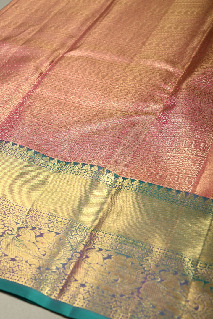 Pink-Gold Tissue Kanjivaram Soft Silk Saree with Zari Ornated Stripes Brocade and Contrast Zari Border | SILK MARK CERTIFIED | SHOBITAM