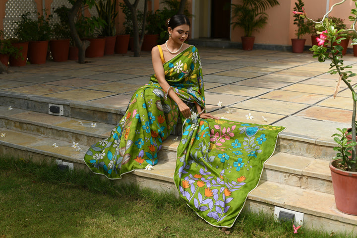 Grass Green Pure Handloom Silk saree with Hand Painted Kalamkari Design and Pearls Border| SILK MARK CERTIFIED | SHOBITAM