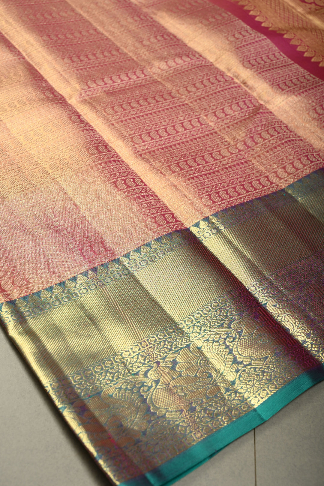 Pink-Gold Tissue Kanjivaram Soft Silk Saree with Zari Ornated Stripes Brocade and Contrast Zari Border | SILK MARK CERTIFIED | SHOBITAM