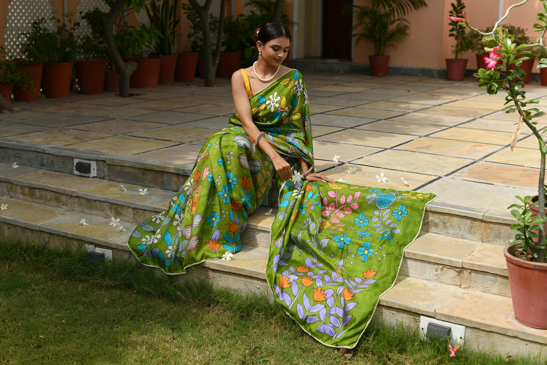 Grass Green Pure Handloom Silk saree with Hand Painted Kalamkari Design and Pearls Border| SILK MARK CERTIFIED | SHOBITAM