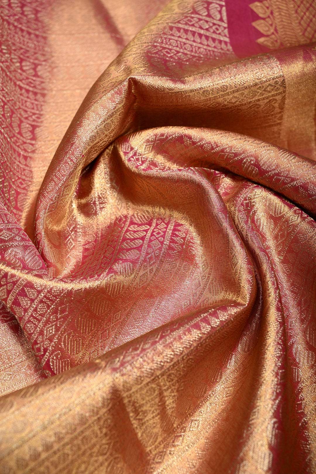 Pink-Gold Tissue Kanjivaram Soft Silk Saree with Zari Ornated Stripes Brocade and Contrast Zari Border | SILK MARK CERTIFIED | SHOBITAM