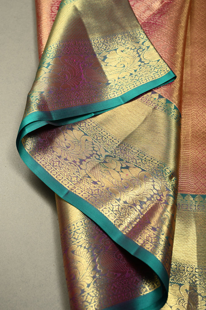 Pink-Gold Tissue Kanjivaram Soft Silk Saree with Zari Ornated Stripes Brocade and Contrast Zari Border | SILK MARK CERTIFIED | SHOBITAM