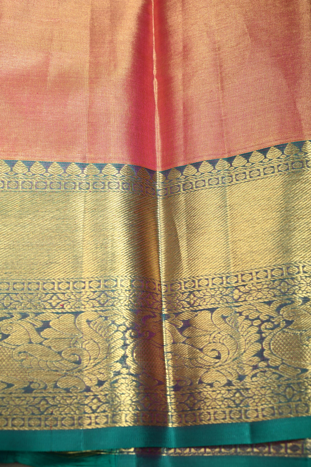 Pink-Gold Tissue Kanjivaram Soft Silk Saree with Zari Ornated Stripes Brocade and Contrast Zari Border | SILK MARK CERTIFIED | SHOBITAM